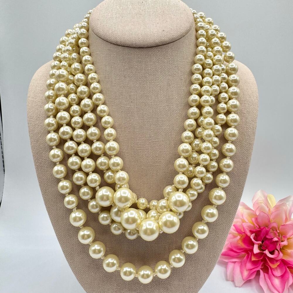 J. Crew Faux Pearl Hammock Multistrand Necklace Graduated Knotted Preppy Signed